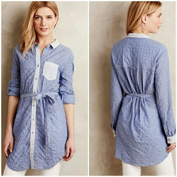 Anthropologie Tops - Anthropologie Shirt Tunic Top Stripe XS Blue White